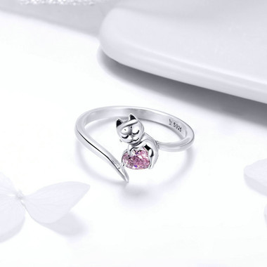 PINK ZIRCON SILVER RING - CUTE CAT